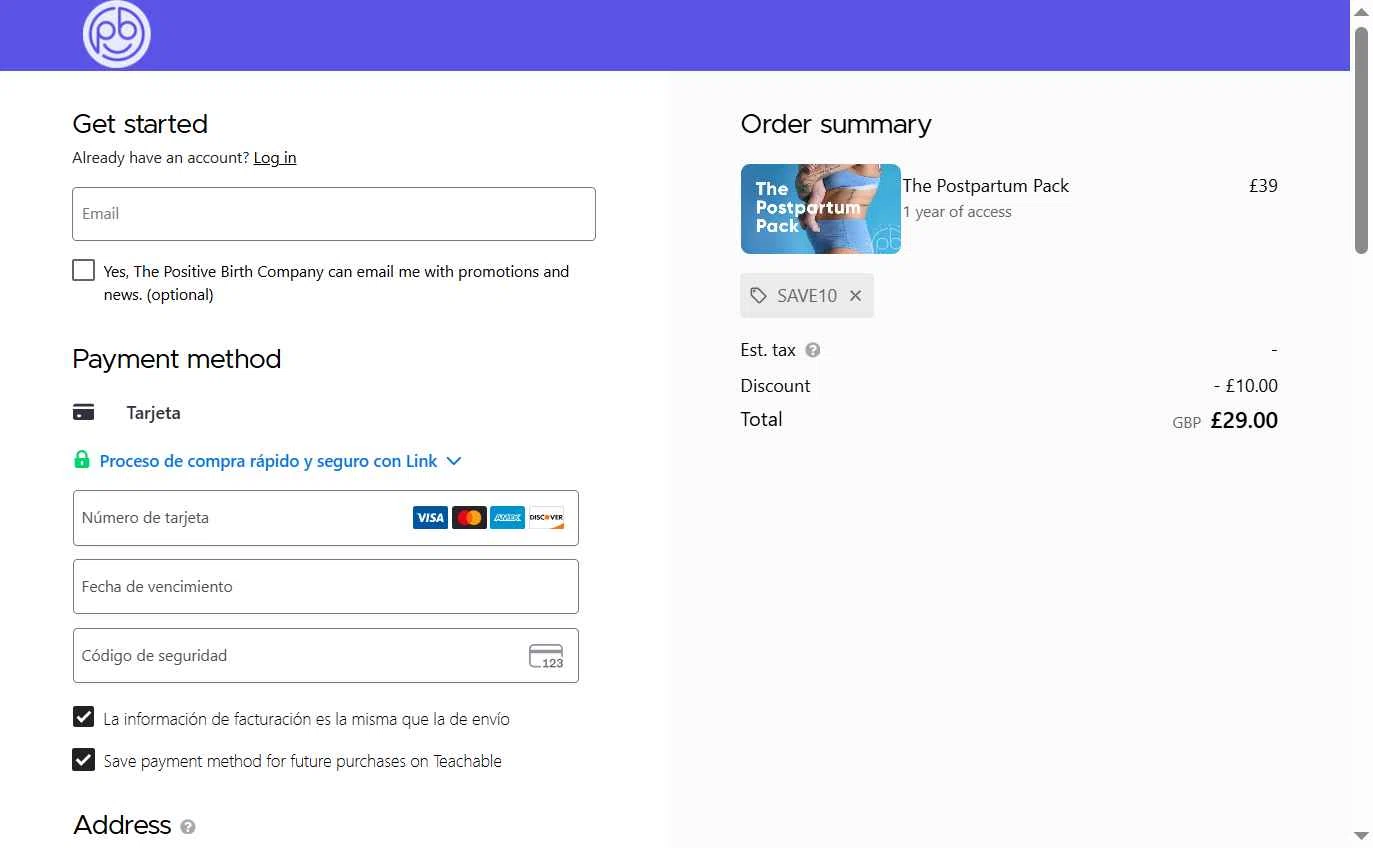 The Positive Birth Company checkout page showing The Positive Birth Company discount code box | Screenshot taken by SimplyCodes community member on Dec 8, 2025