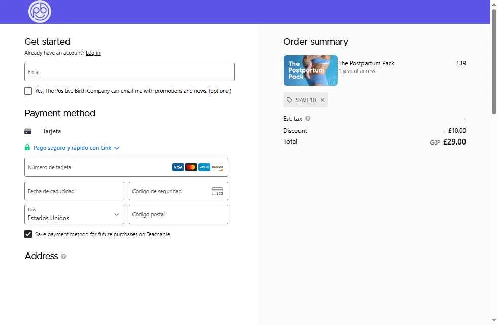 The Positive Birth Company checkout page showing The Positive Birth Company discount code box | Screenshot taken by SimplyCodes community member on Oct 31, 2025