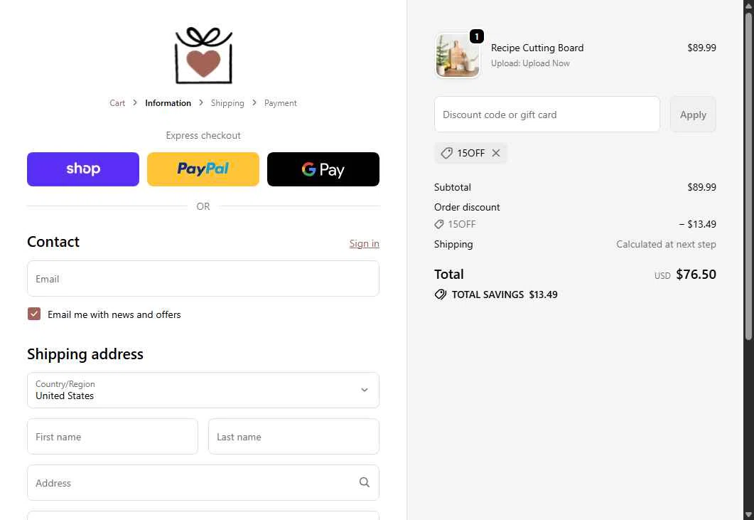 The Printed Gift checkout page showing The Printed Gift discount code box | Screenshot taken by SimplyCodes community member on Oct 7, 2025