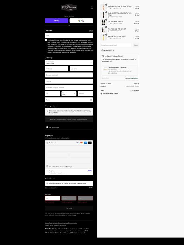 The Prisoner Wine Company checkout page showing The Prisoner Wine Company coupon code box | Screenshot taken by SimplyCodes community member on Sep 12, 2025