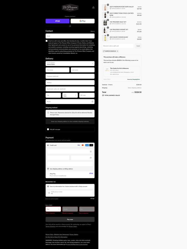 The Prisoner Wine Company checkout page showing The Prisoner Wine Company coupon code box | Screenshot taken by SimplyCodes community member on Sep 12, 2025