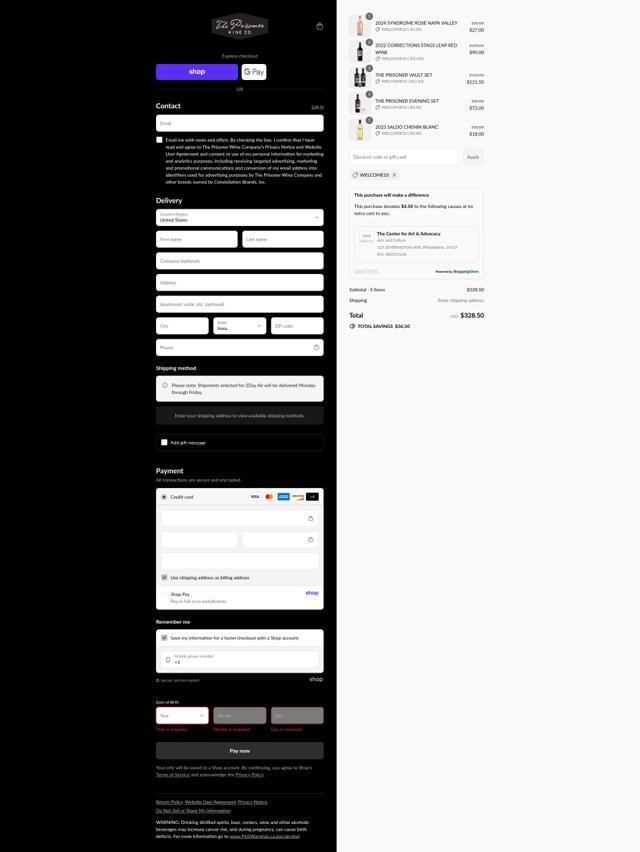The Prisoner Wine Company checkout page showing The Prisoner Wine Company coupon code box | Screenshot taken by SimplyCodes community member on Sep 8, 2025