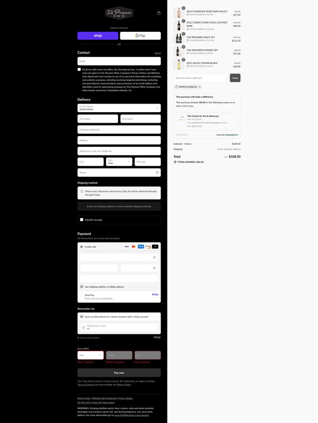 The Prisoner Wine Company checkout page showing The Prisoner Wine Company coupon code box | Screenshot taken by SimplyCodes community member on Sep 8, 2025