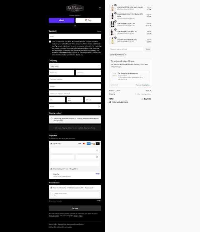The Prisoner Wine Company checkout page showing The Prisoner Wine Company coupon code box | Screenshot taken by SimplyCodes community member on Aug 31, 2025