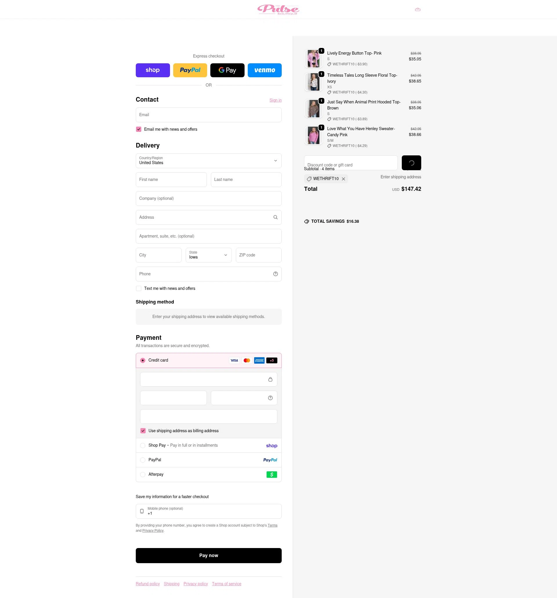 The Pulse Boutique checkout page showing The Pulse Boutique coupon code box | Screenshot taken by SimplyCodes community member on Feb 9, 2026