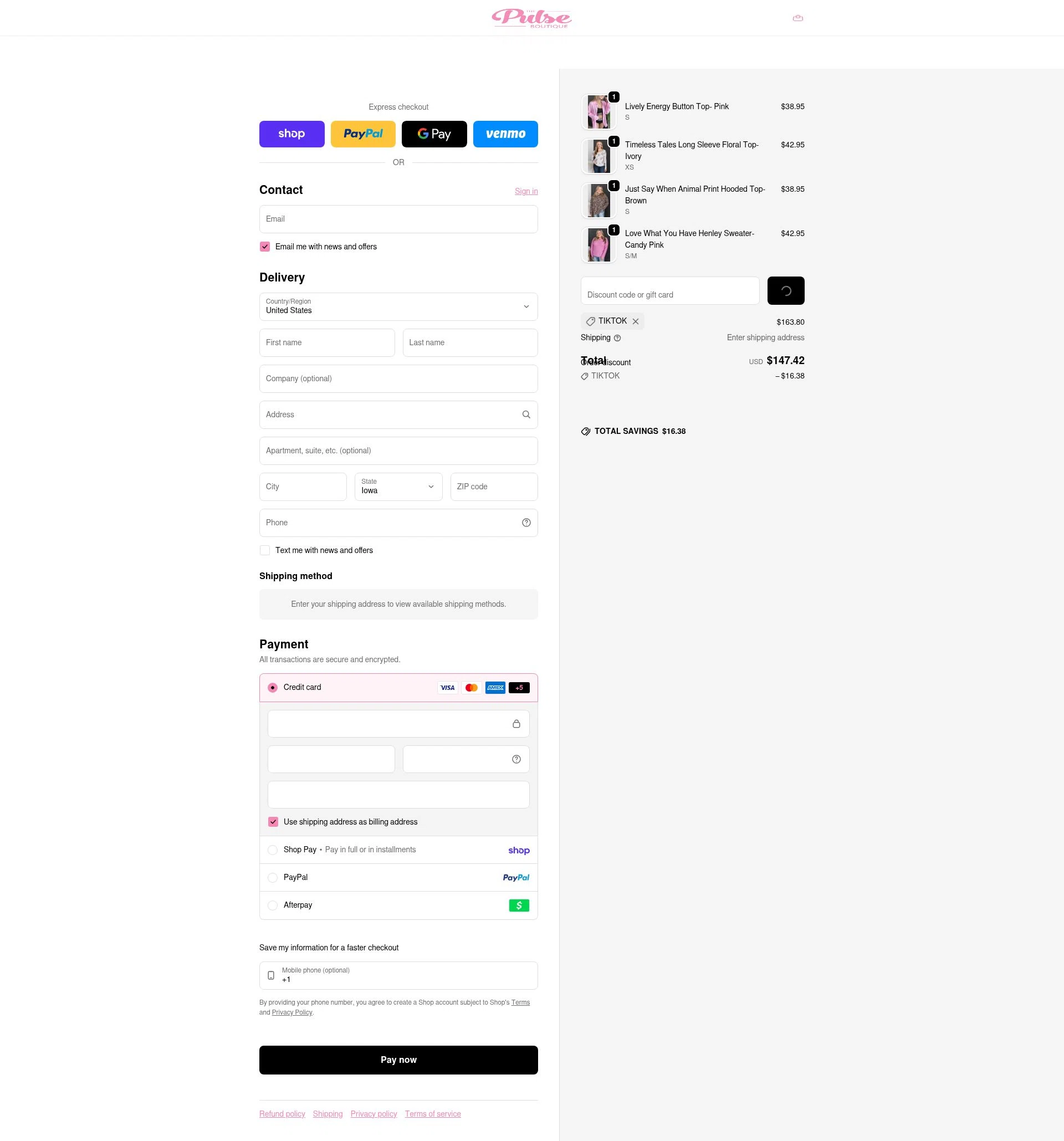 The Pulse Boutique checkout page showing The Pulse Boutique coupon code box | Screenshot taken by SimplyCodes community member on Feb 9, 2026