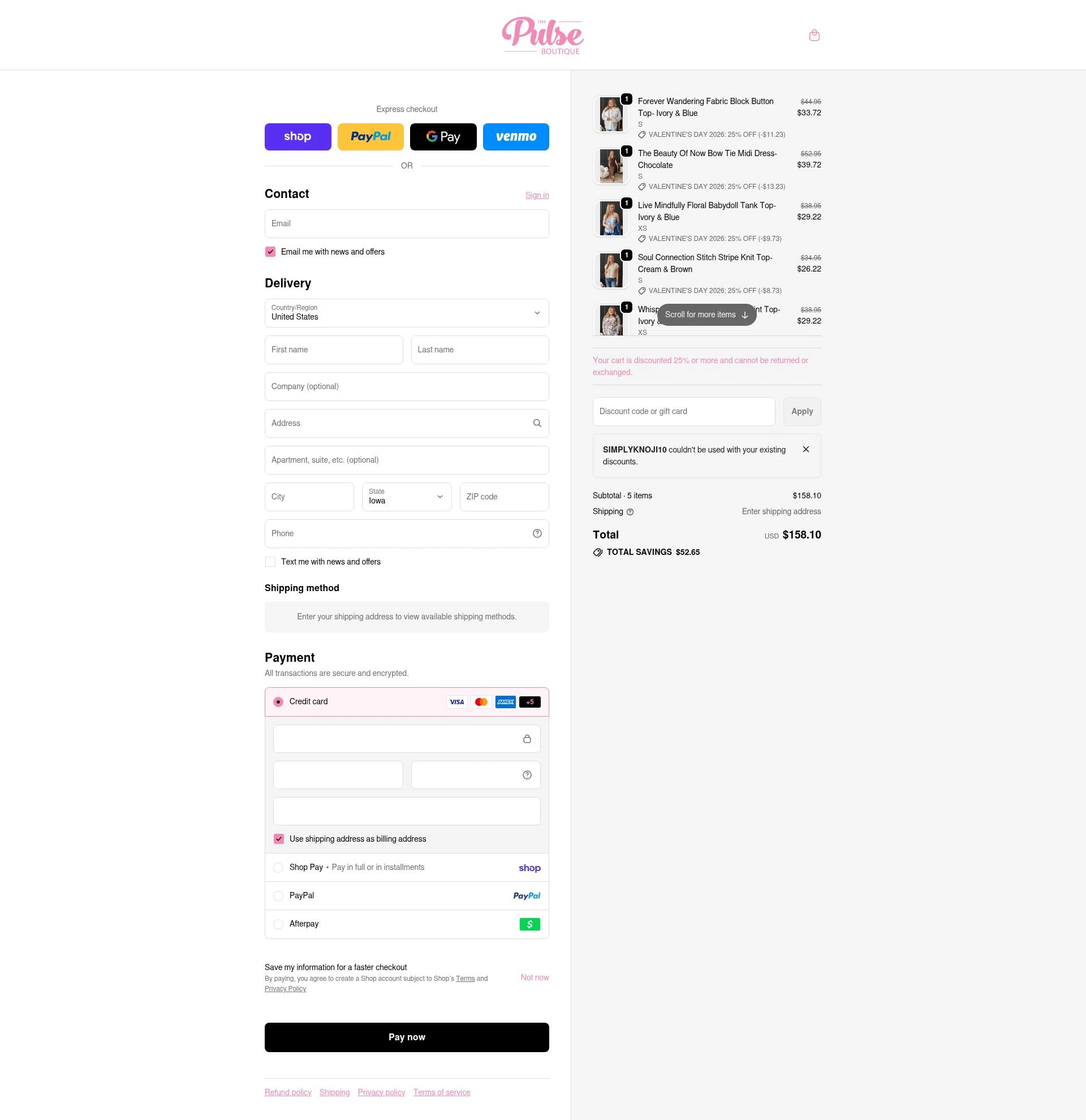 The Pulse Boutique checkout page showing The Pulse Boutique coupon code box | Screenshot taken by SimplyCodes community member on Feb 14, 2026