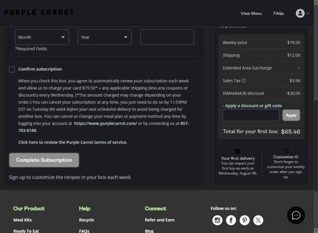 Purple Carrot checkout page showing Purple Carrot discount code box | Screenshot taken by SimplyCodes community member on Jul 26, 2025