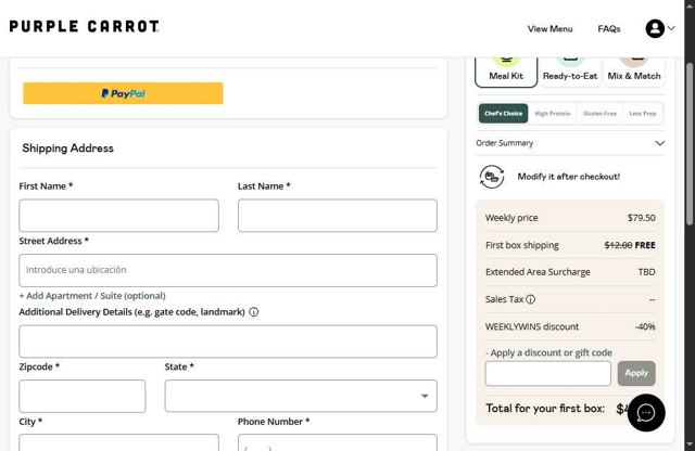 Purple Carrot checkout page showing Purple Carrot discount code box | Screenshot taken by SimplyCodes community member on Sep 4, 2025