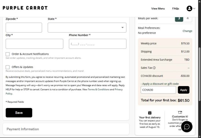 Purple Carrot checkout page showing Purple Carrot discount code box | Screenshot taken by SimplyCodes community member on Aug 3, 2025