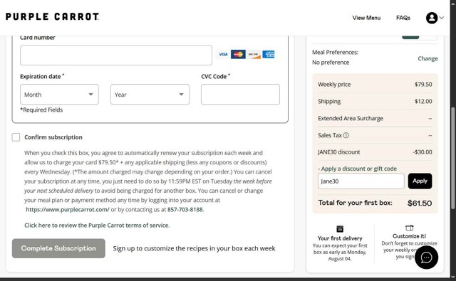 Purple Carrot checkout page showing Purple Carrot discount code box | Screenshot taken by SimplyCodes community member on Jul 24, 2025