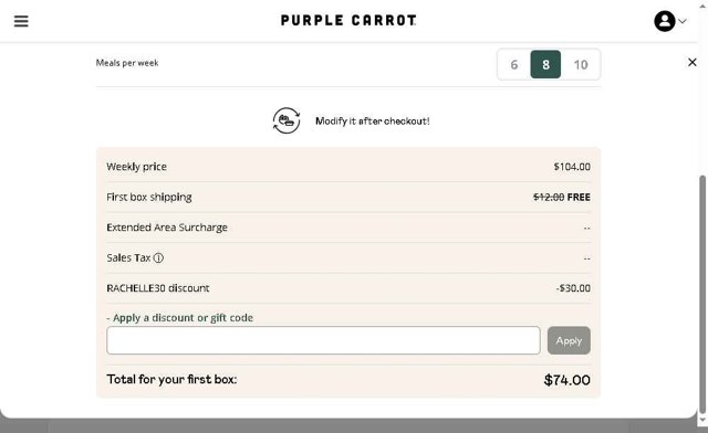 Purple Carrot checkout page showing Purple Carrot discount code box | Screenshot taken by SimplyCodes community member on Aug 9, 2025