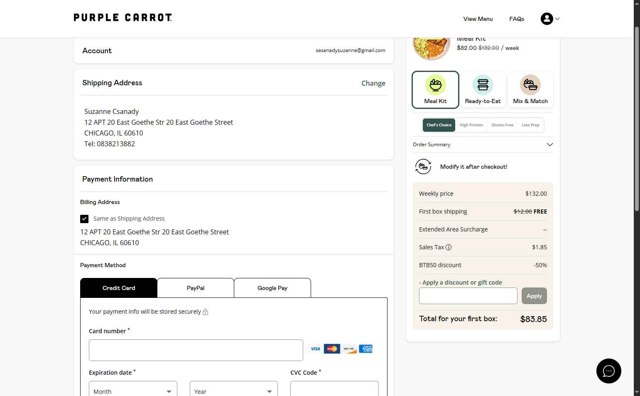 Purple Carrot checkout page showing Purple Carrot discount code box | Screenshot taken by SimplyCodes community member on Aug 22, 2025