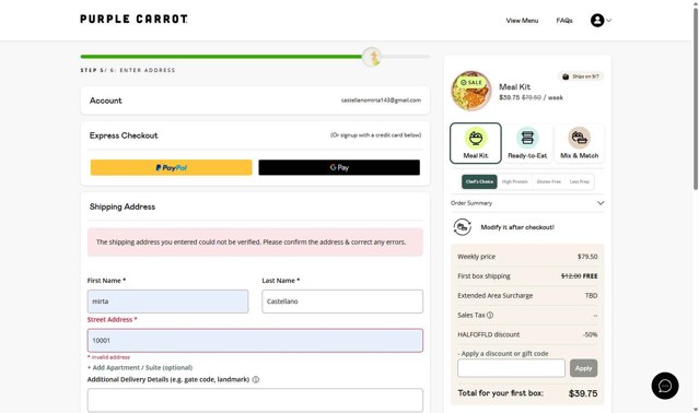 Purple Carrot checkout page showing Purple Carrot discount code box | Screenshot taken by SimplyCodes community member on Aug 27, 2025