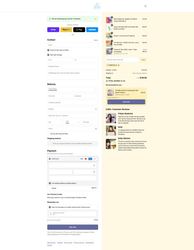 TheraBox checkout page showing TheraBox discount code box | Screenshot taken by SimplyCodes community member on Sep 15, 2025