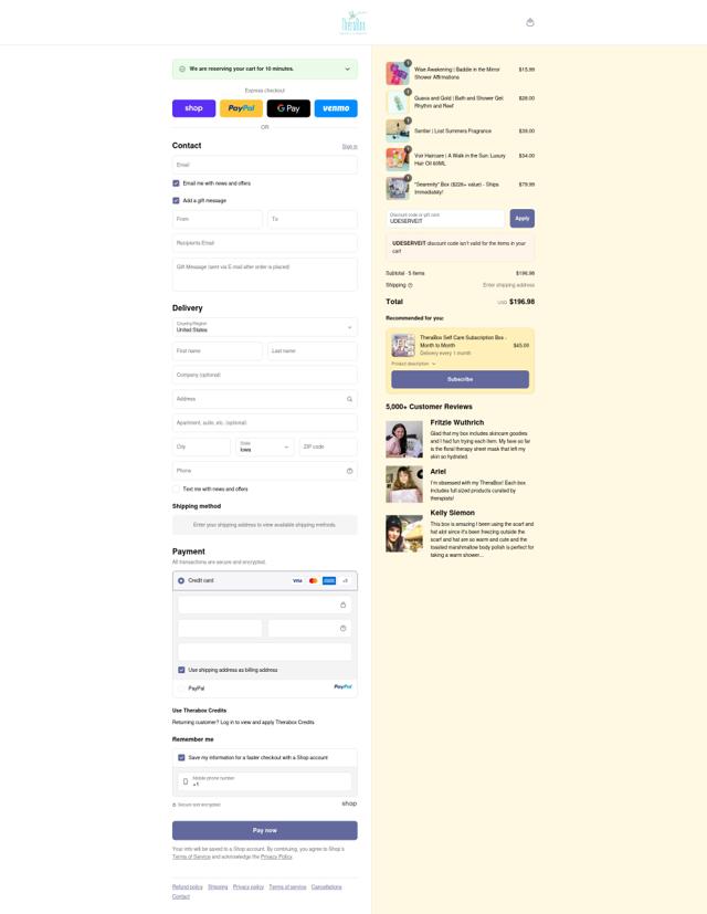 TheraBox checkout page showing TheraBox discount code box | Screenshot taken by SimplyCodes community member on Sep 15, 2025