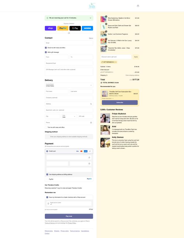 TheraBox checkout page showing TheraBox discount code box | Screenshot taken by SimplyCodes community member on Sep 15, 2025