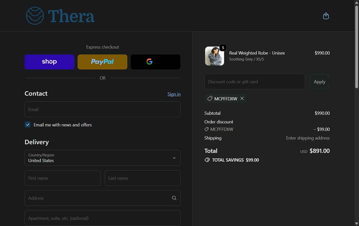 Thera checkout page showing Thera discount code box | Screenshot taken by SimplyCodes community member on Jan 31, 2026