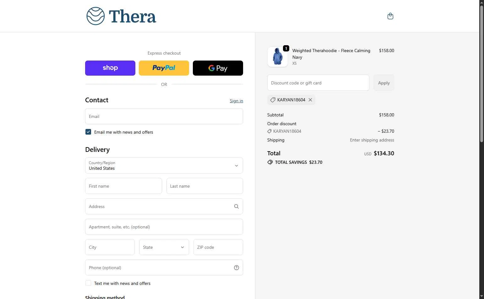 Thera checkout page showing Thera discount code box | Screenshot taken by SimplyCodes community member on Jan 28, 2026