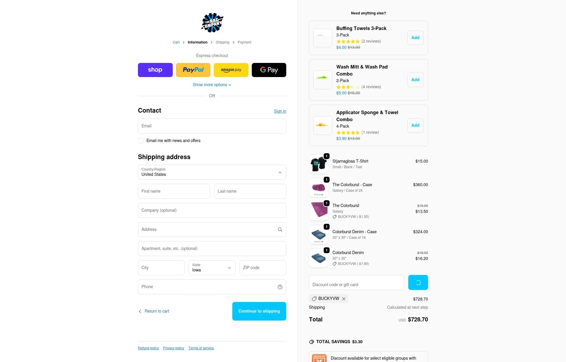 The Rag Company checkout page showing The Rag Company discount code box | Screenshot taken by SimplyCodes community member on Feb 17, 2026