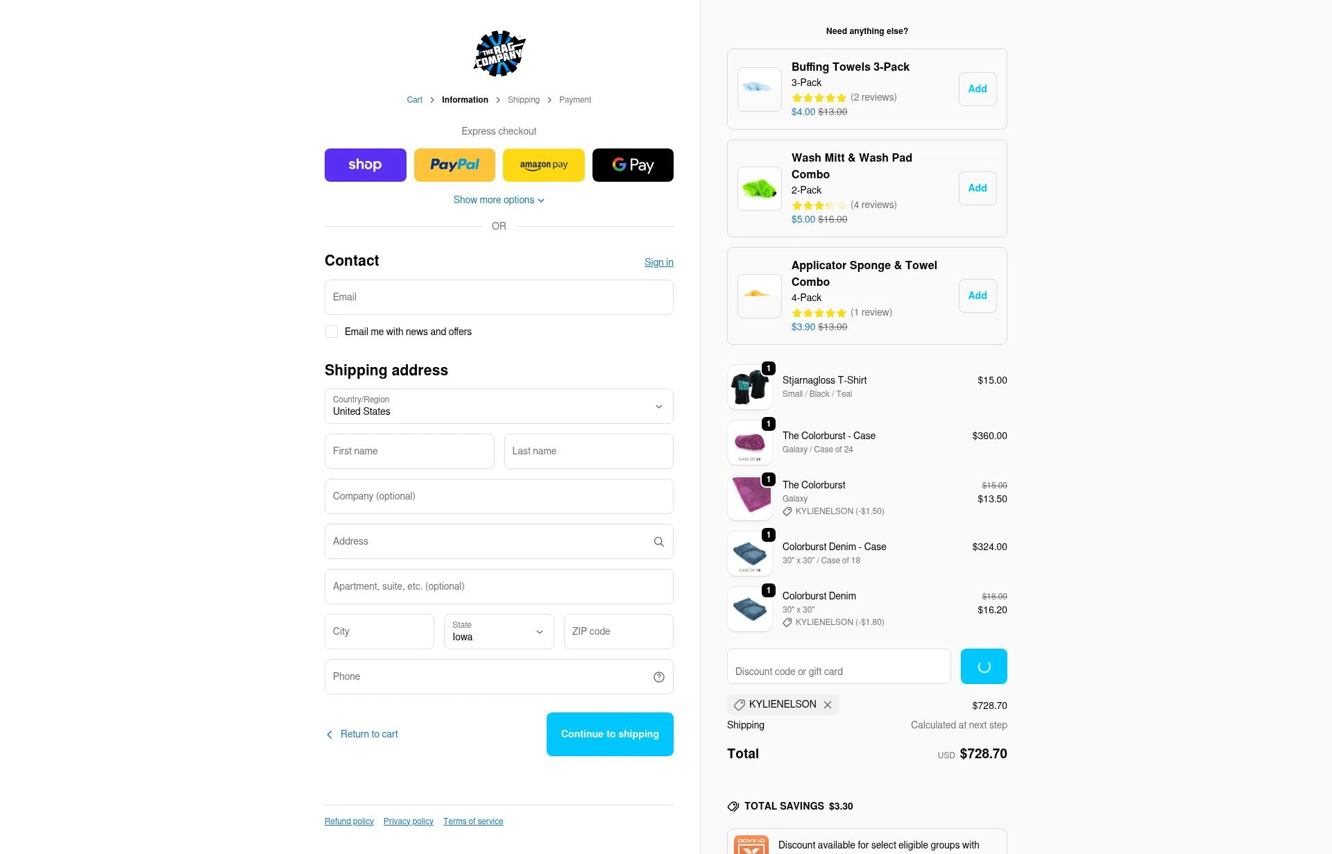 The Rag Company checkout page showing The Rag Company discount code box | Screenshot taken by SimplyCodes community member on Feb 17, 2026