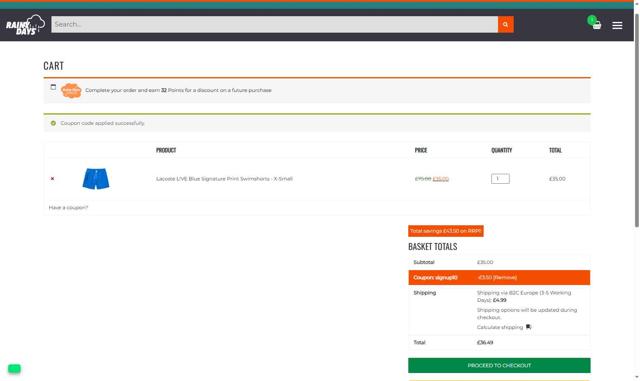 The Rainy Days checkout page showing The Rainy Days discount code box | Screenshot taken by SimplyCodes community member on Aug 18, 2025