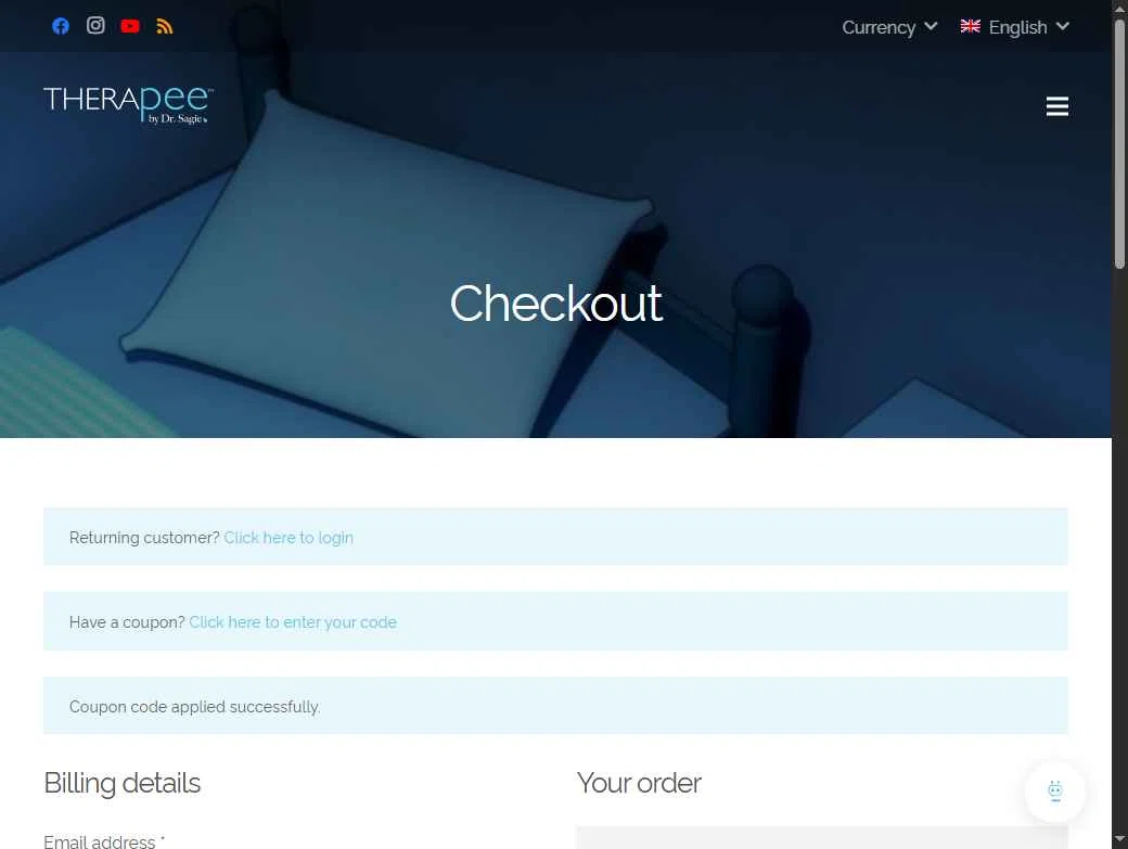 TheraPee checkout page showing TheraPee coupon code box | Screenshot taken by SimplyCodes community member on Oct 7, 2025