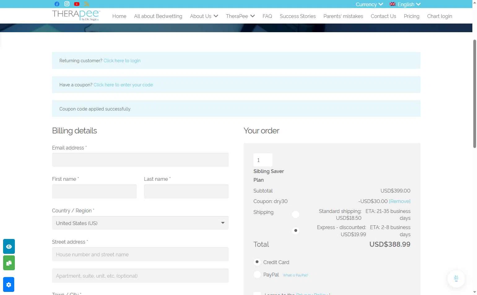 TheraPee checkout page showing TheraPee coupon code box | Screenshot taken by SimplyCodes community member on Oct 7, 2025