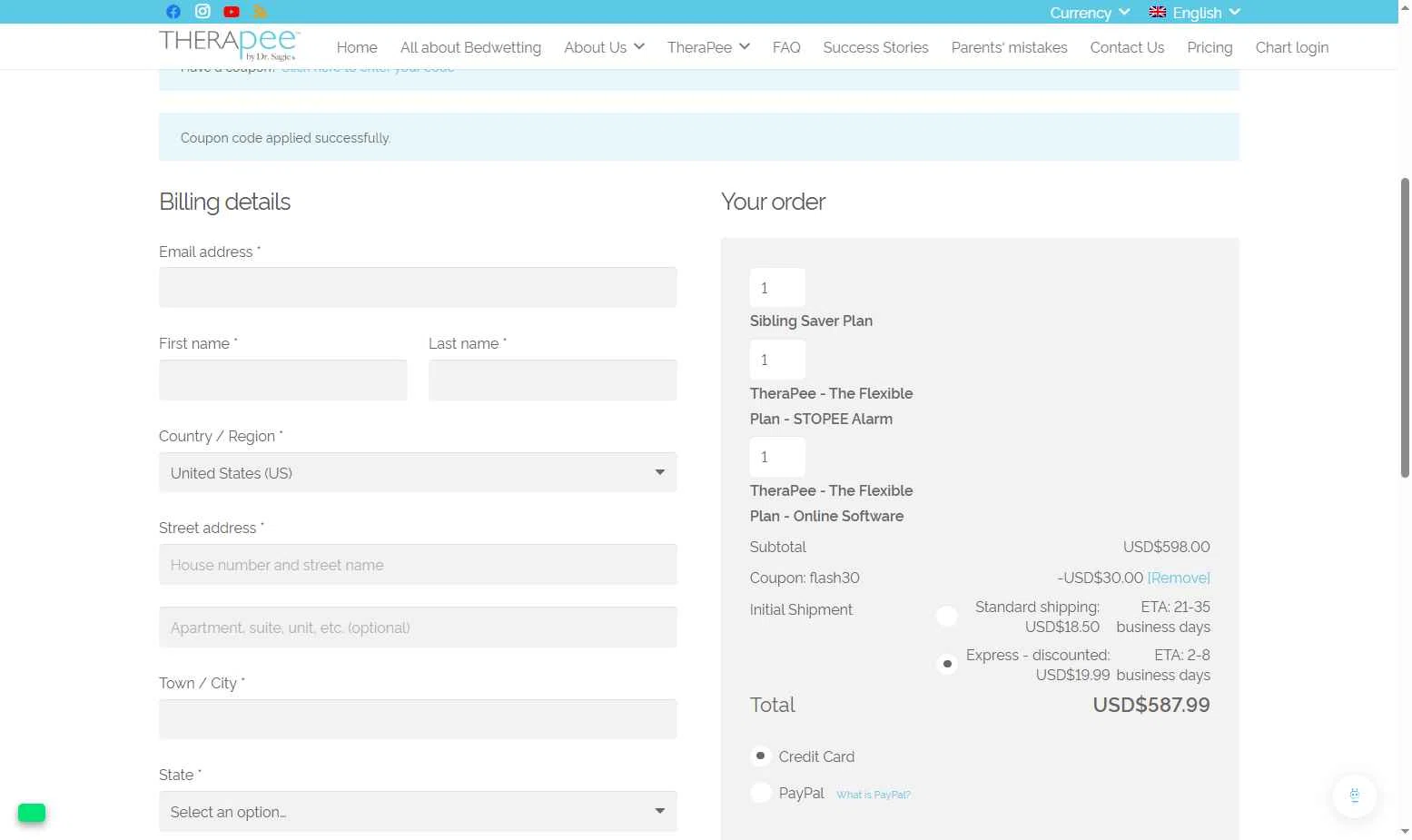 TheraPee checkout page showing TheraPee coupon code box | Screenshot taken by SimplyCodes community member on Sep 20, 2025