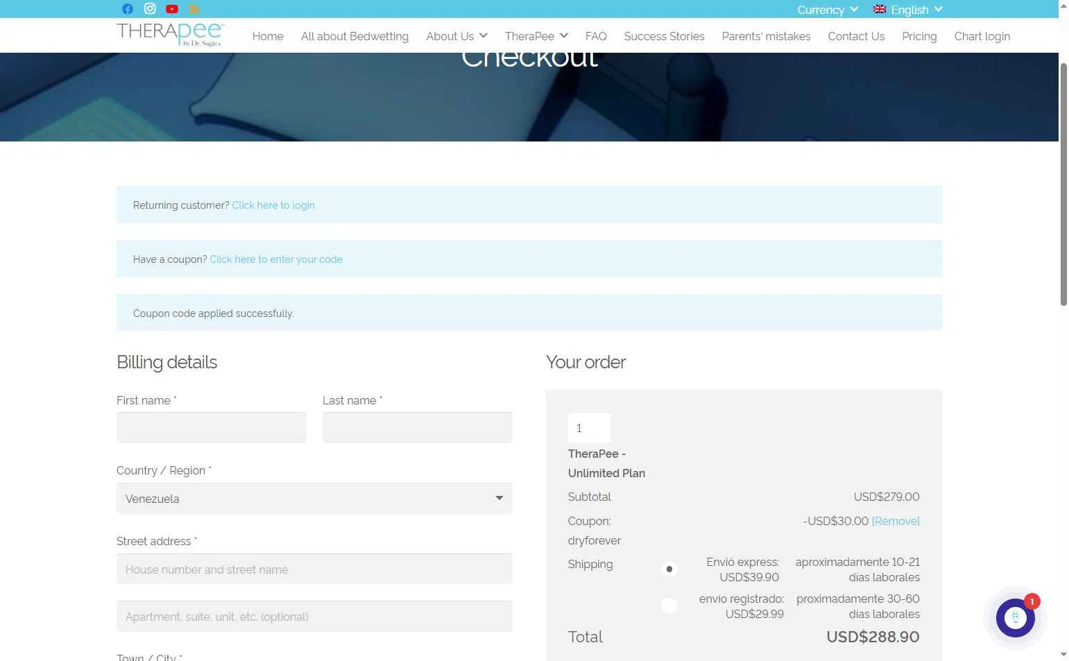 TheraPee checkout page showing TheraPee coupon code box | Screenshot taken by SimplyCodes community member on Dec 4, 2025