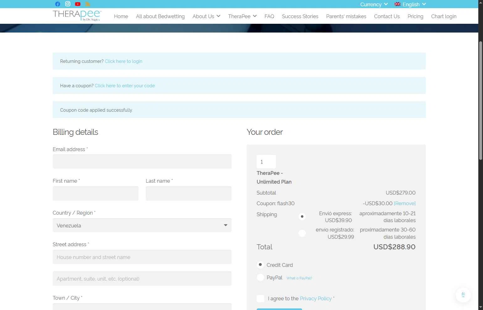 TheraPee checkout page showing TheraPee coupon code box | Screenshot taken by SimplyCodes community member on Sep 20, 2025