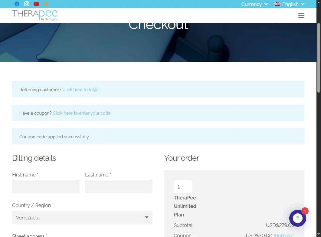 TheraPee checkout page showing TheraPee coupon code box | Screenshot taken by SimplyCodes community member on Jan 2, 2026