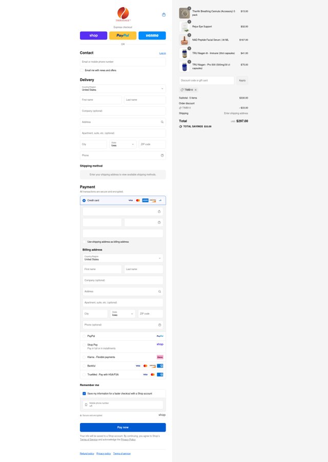 Therasage checkout page showing Therasage discount code box | Screenshot taken by SimplyCodes community member on Sep 6, 2025