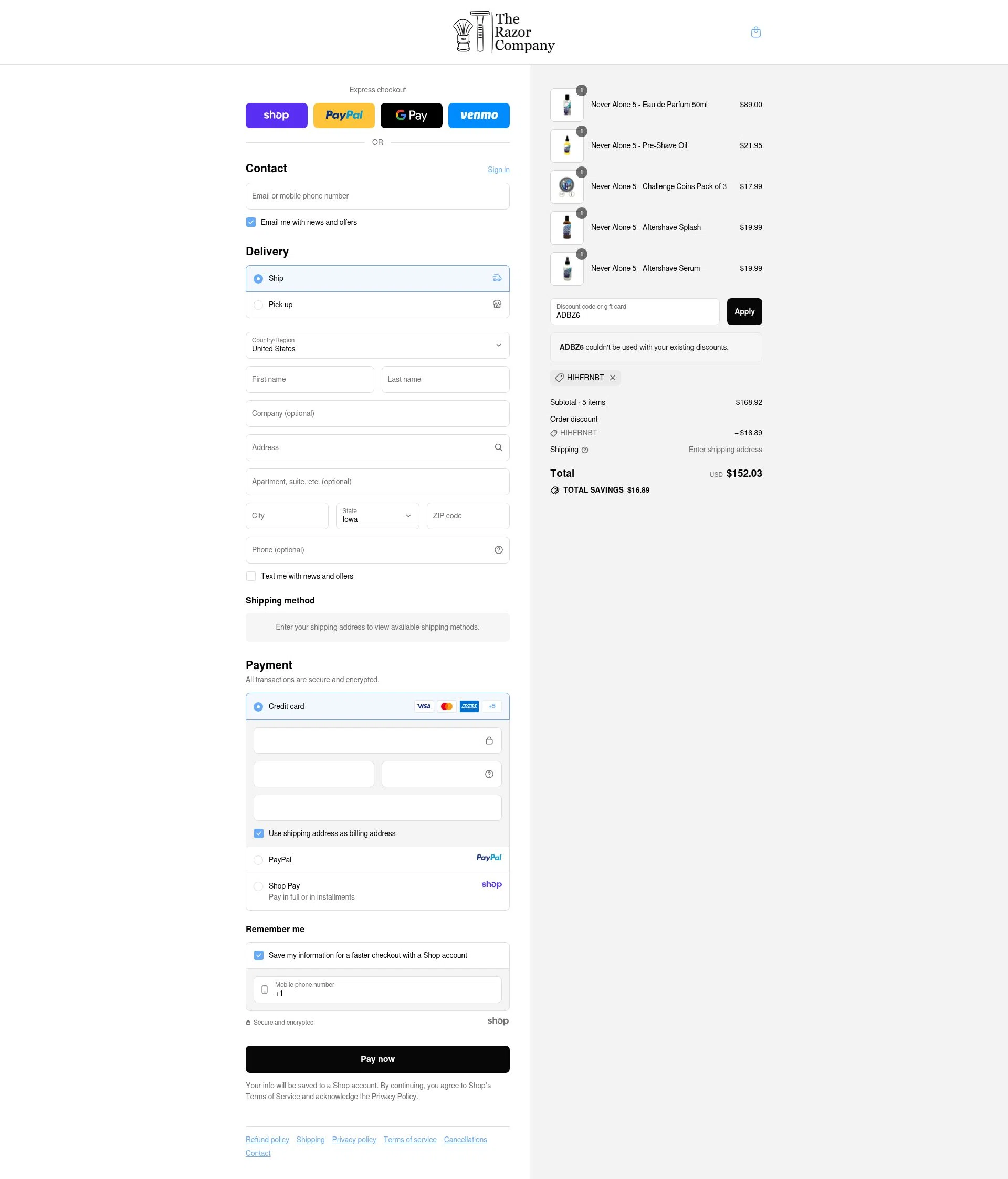 The Razor Company checkout page showing The Razor Company discount code box | Screenshot taken by SimplyCodes community member on Sep 10, 2025