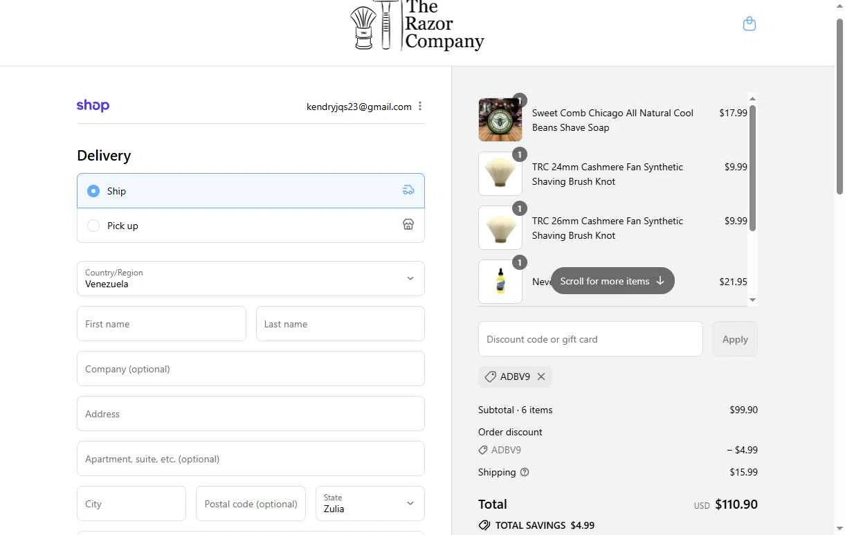 The Razor Company checkout page showing The Razor Company discount code box | Screenshot taken by SimplyCodes community member on Sep 10, 2025