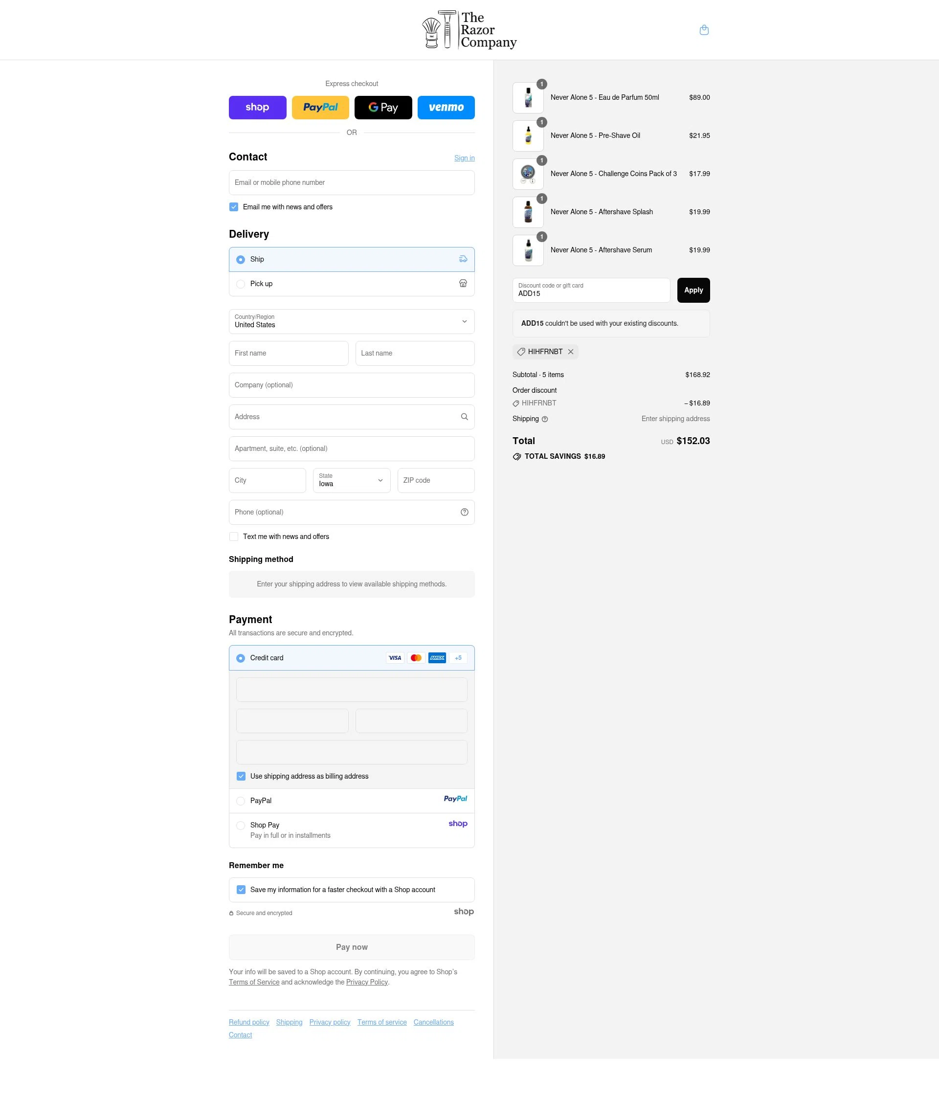The Razor Company checkout page showing The Razor Company discount code box | Screenshot taken by SimplyCodes community member on Sep 10, 2025