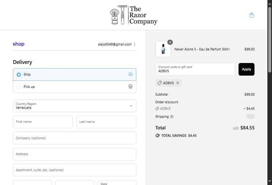 The Razor Company checkout page showing The Razor Company discount code box | Screenshot taken by SimplyCodes community member on Sep 10, 2025
