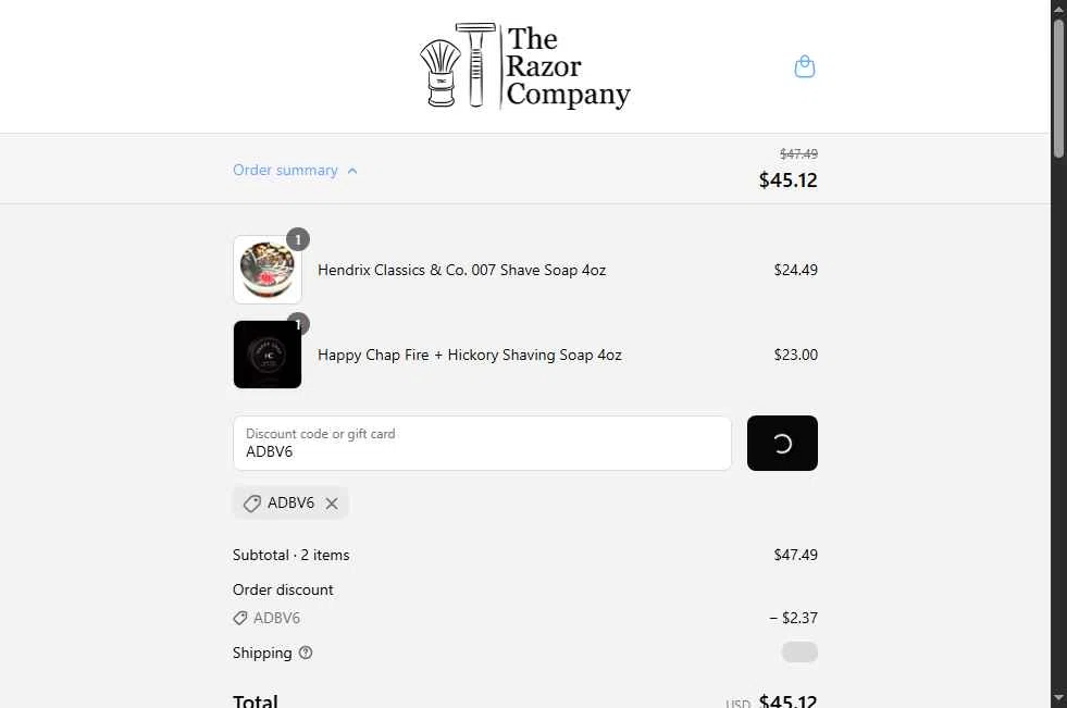 The Razor Company checkout page showing The Razor Company discount code box | Screenshot taken by SimplyCodes community member on Sep 10, 2025
