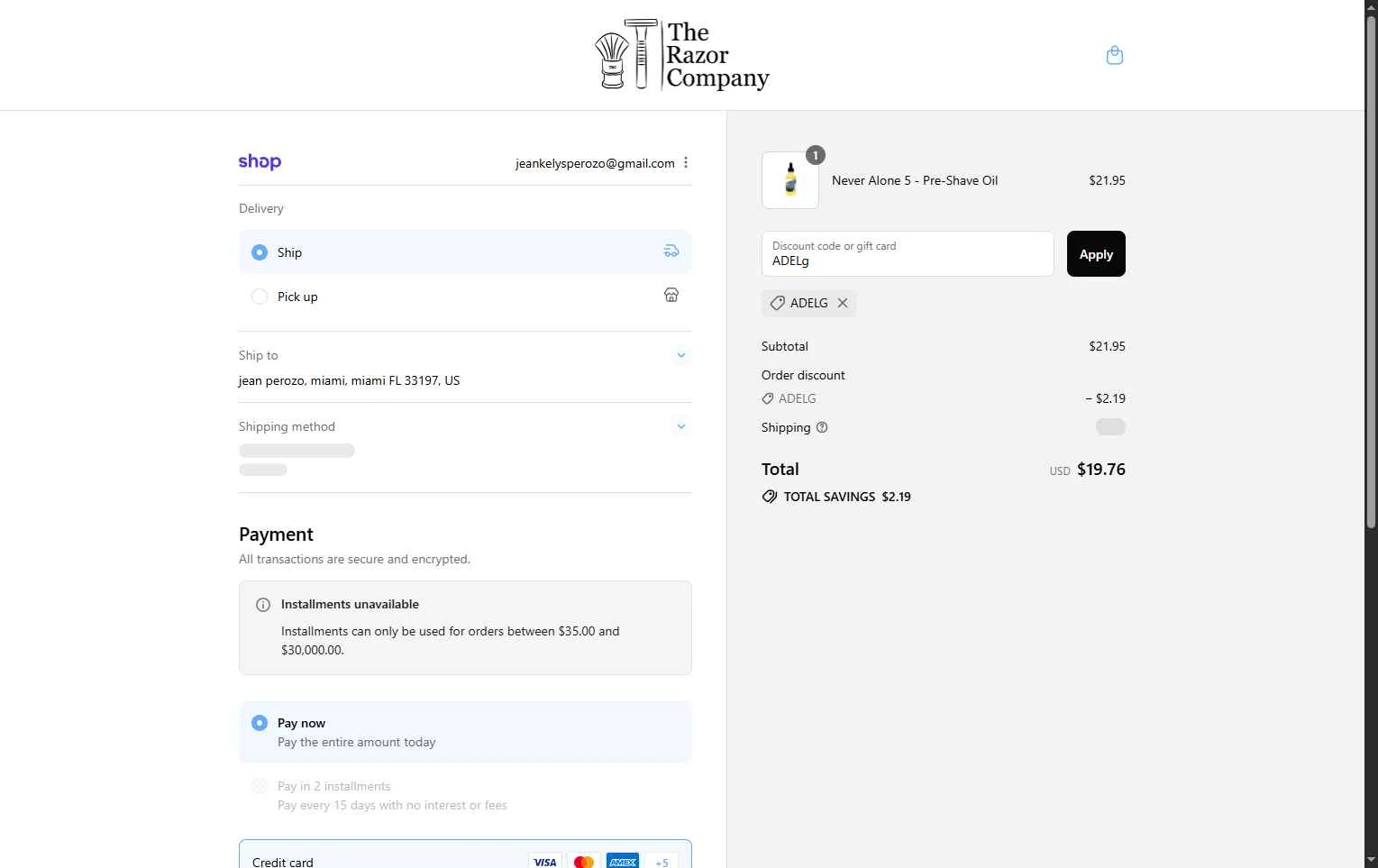 The Razor Company checkout page showing The Razor Company discount code box | Screenshot taken by SimplyCodes community member on Sep 14, 2025