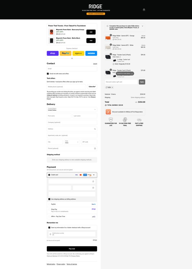 The Ridge checkout page showing The Ridge discount code box | Screenshot taken by SimplyCodes community member on Sep 2, 2025
