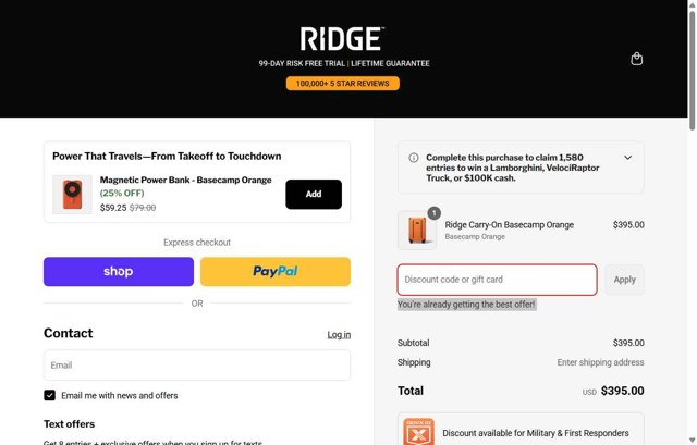 The Ridge checkout page showing The Ridge discount code box | Screenshot taken by SimplyCodes community member on Sep 3, 2025