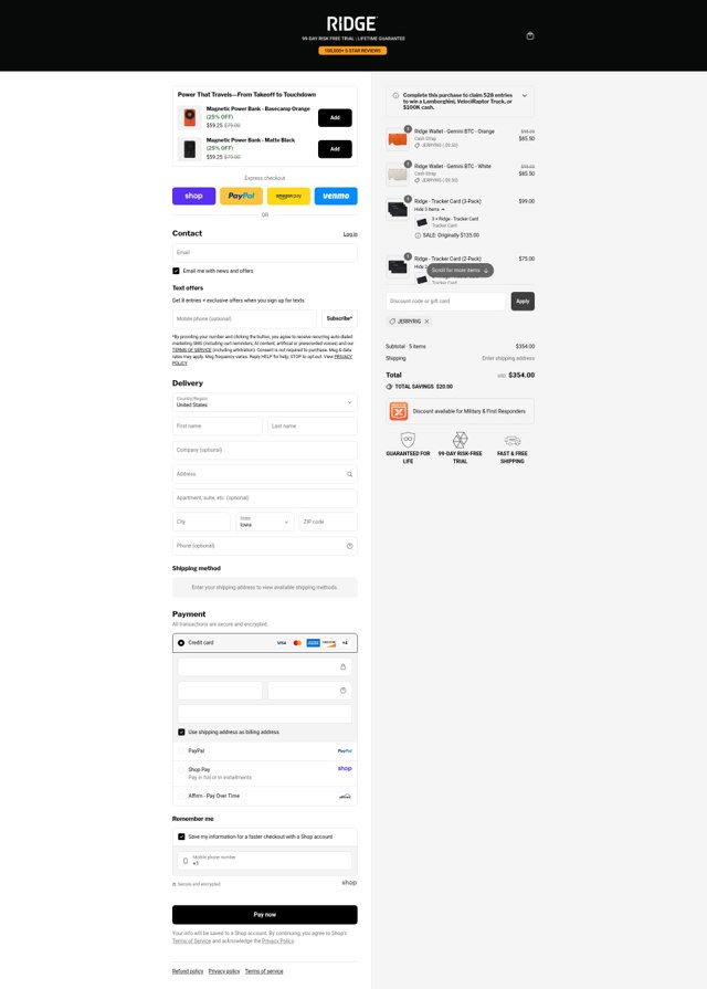 The Ridge checkout page showing The Ridge discount code box | Screenshot taken by SimplyCodes community member on Sep 2, 2025