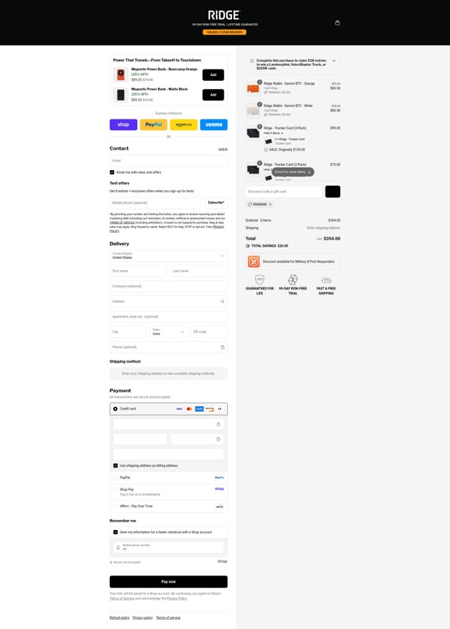 The Ridge checkout page showing The Ridge discount code box | Screenshot taken by SimplyCodes community member on Sep 2, 2025