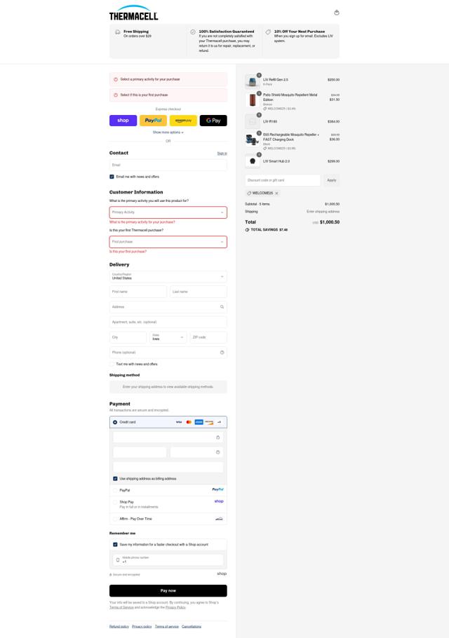 Thermacell checkout page showing Thermacell discount code box | Screenshot taken by SimplyCodes community member on Sep 8, 2025