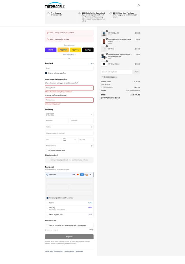 Thermacell checkout page showing Thermacell discount code box | Screenshot taken by SimplyCodes community member on Sep 4, 2025