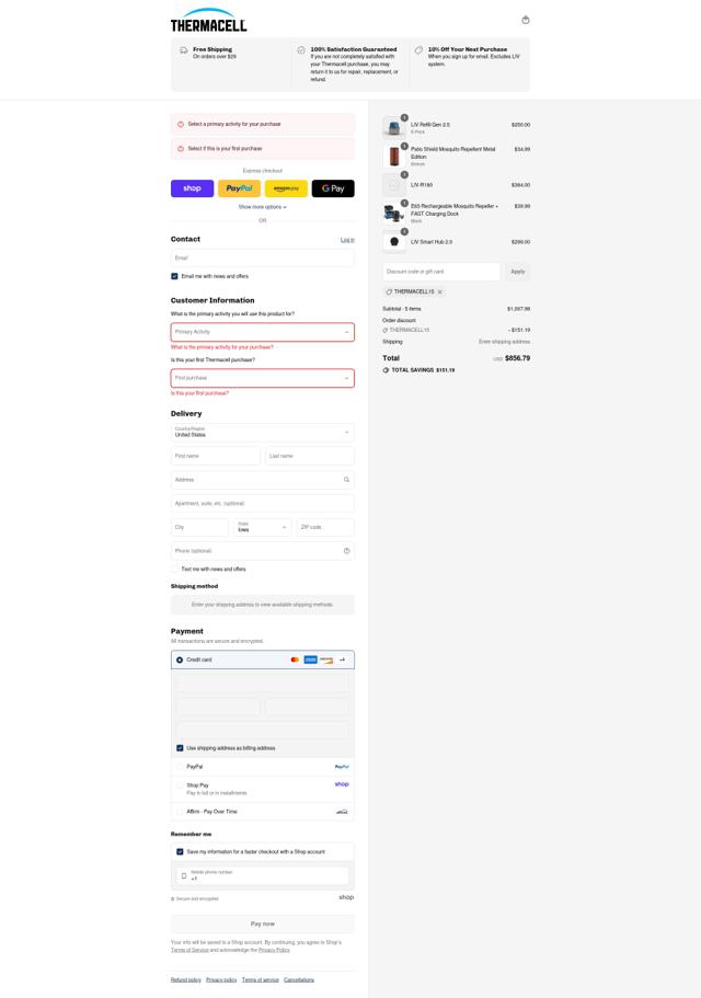 Thermacell checkout page showing Thermacell discount code box | Screenshot taken by SimplyCodes community member on Sep 4, 2025