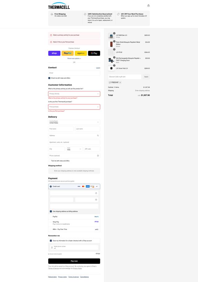 Thermacell checkout page showing Thermacell discount code box | Screenshot taken by SimplyCodes community member on Sep 4, 2025