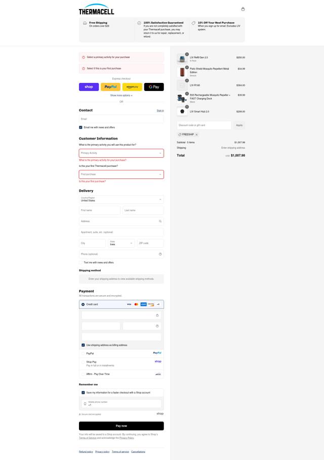 Thermacell checkout page showing Thermacell discount code box | Screenshot taken by SimplyCodes community member on Sep 8, 2025