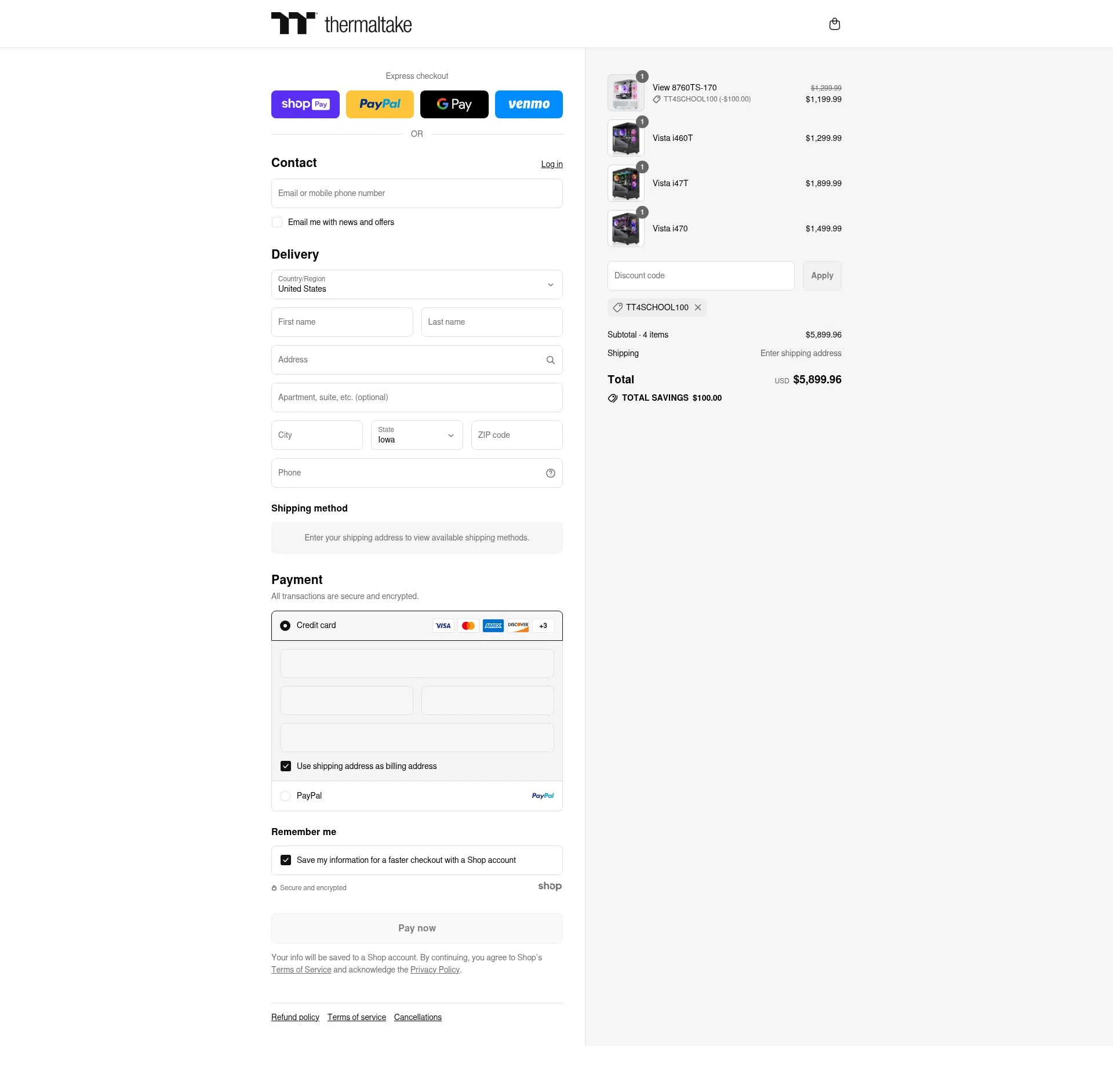 Thermaltake USA checkout page showing Thermaltake USA promo code box | Screenshot taken by SimplyCodes community member on Aug 22, 2025