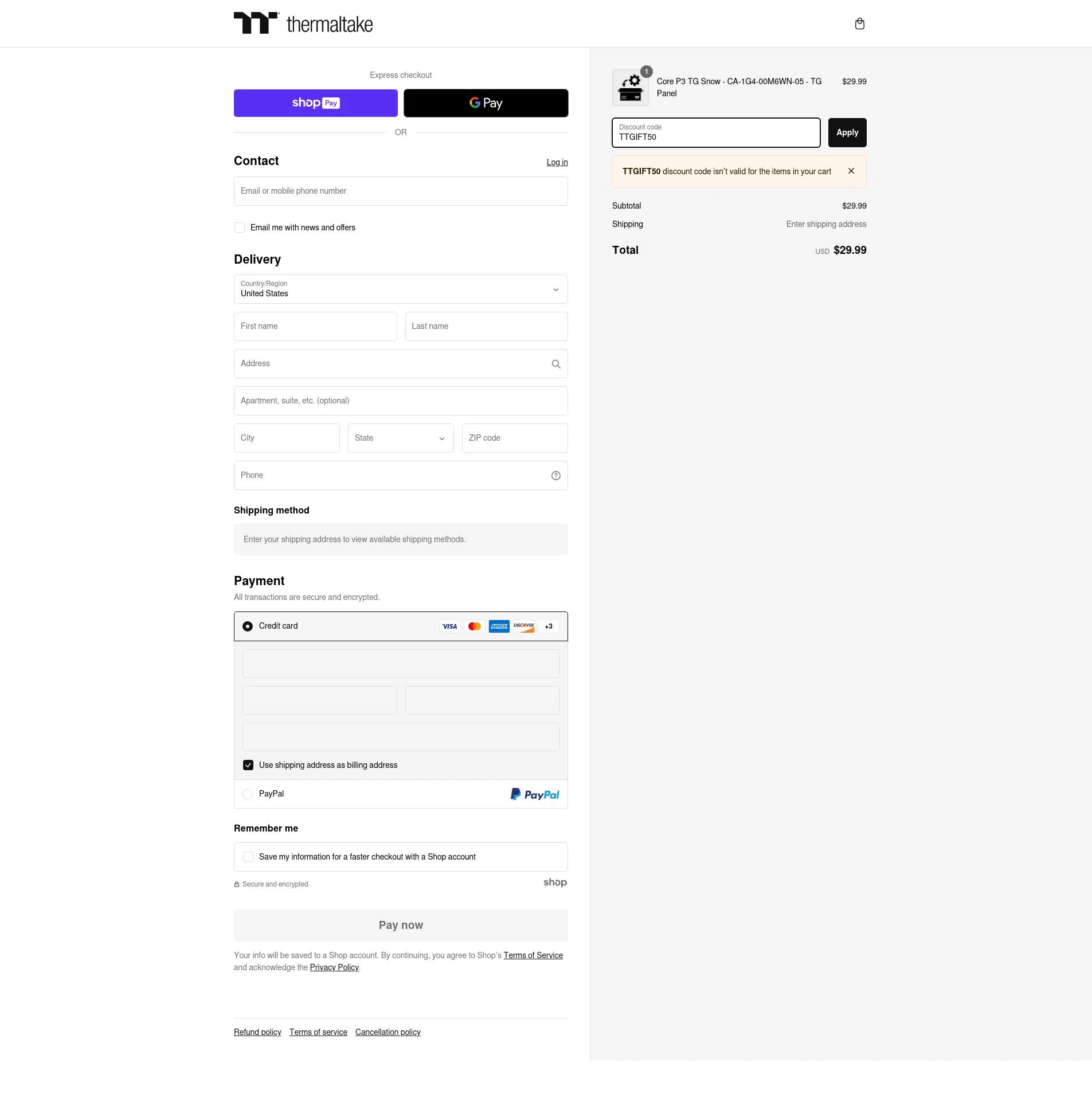 Thermaltake USA checkout page showing Thermaltake USA promo code box | Screenshot taken by SimplyCodes community member on Dec 12, 2024